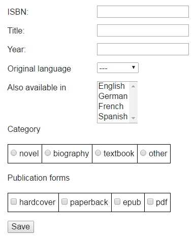 The user interface for creating a new book record with ISBN, title and four enumeration attributes