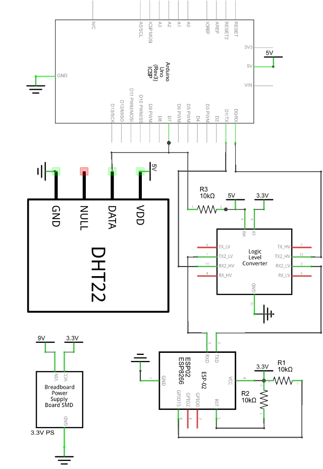 Circuit Diagram of an ESP8266 WiFi Module Connected to an Arduino UNO Board