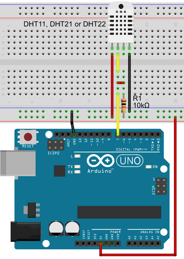 DHTxx Sensor Connected to an Arduino UNO Board