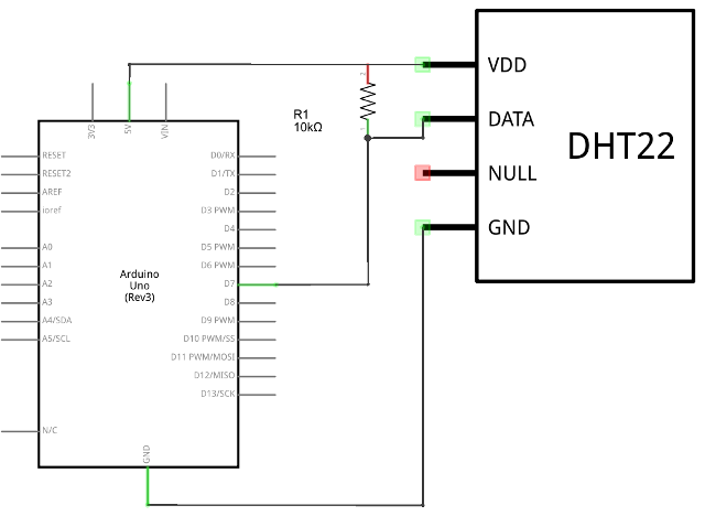 Circuit Diagram for a DHTxx Sensor Connected to an Arduino UNO Board