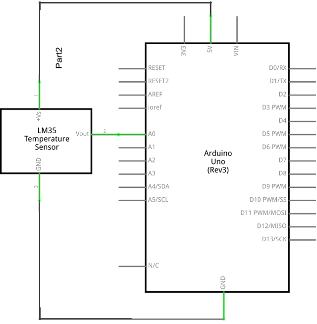 Circuit Diagram of a LM35 Sensor Connected to an Arduino UNO Board.