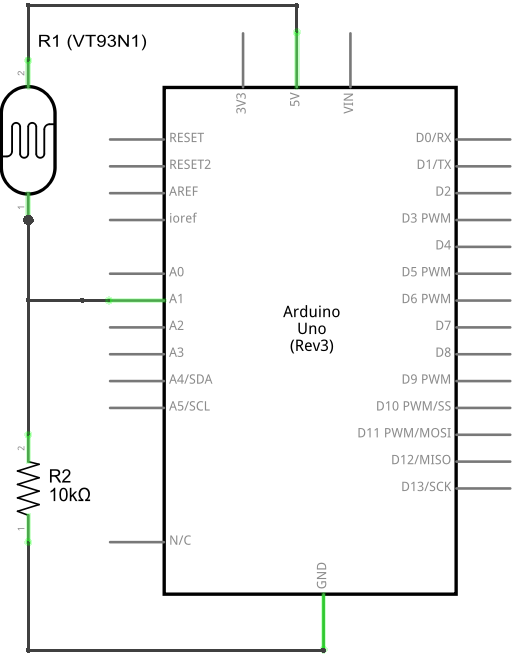 Circuit Diagram of a VT93N1 Sensor Connected to an Arduino UNO Board.
